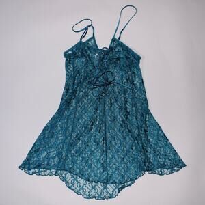 Easy Solution Teal Semi Sheer lace Slip Dress With Lace Up Front